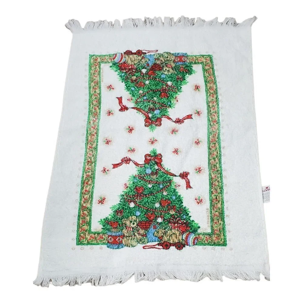 Cannon Kitchen Dish Tea Towl Christmas Tree Cream Fringe Holiday Winter Vintage